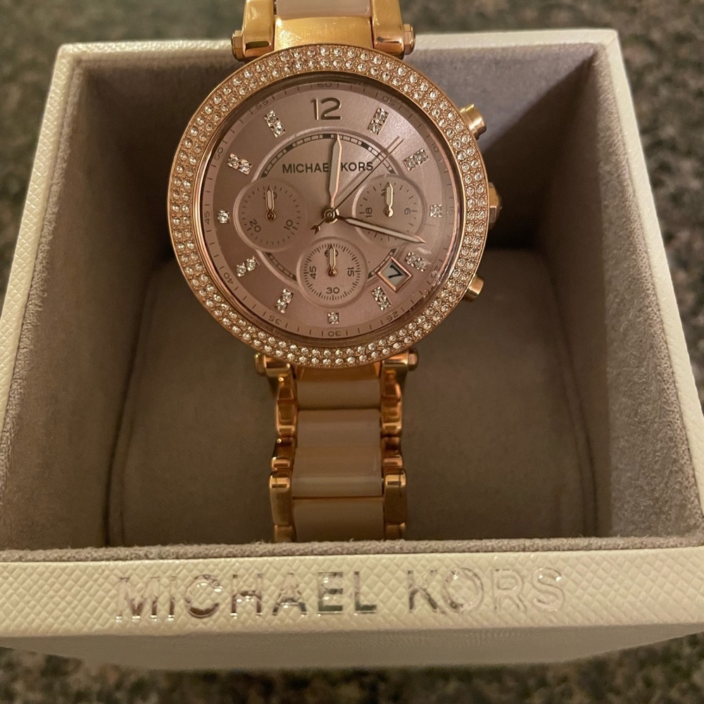 Michael Kor watch with light pink links